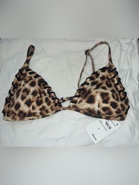 New Good American Triangle Leopard Lace Bikini Top Sz L